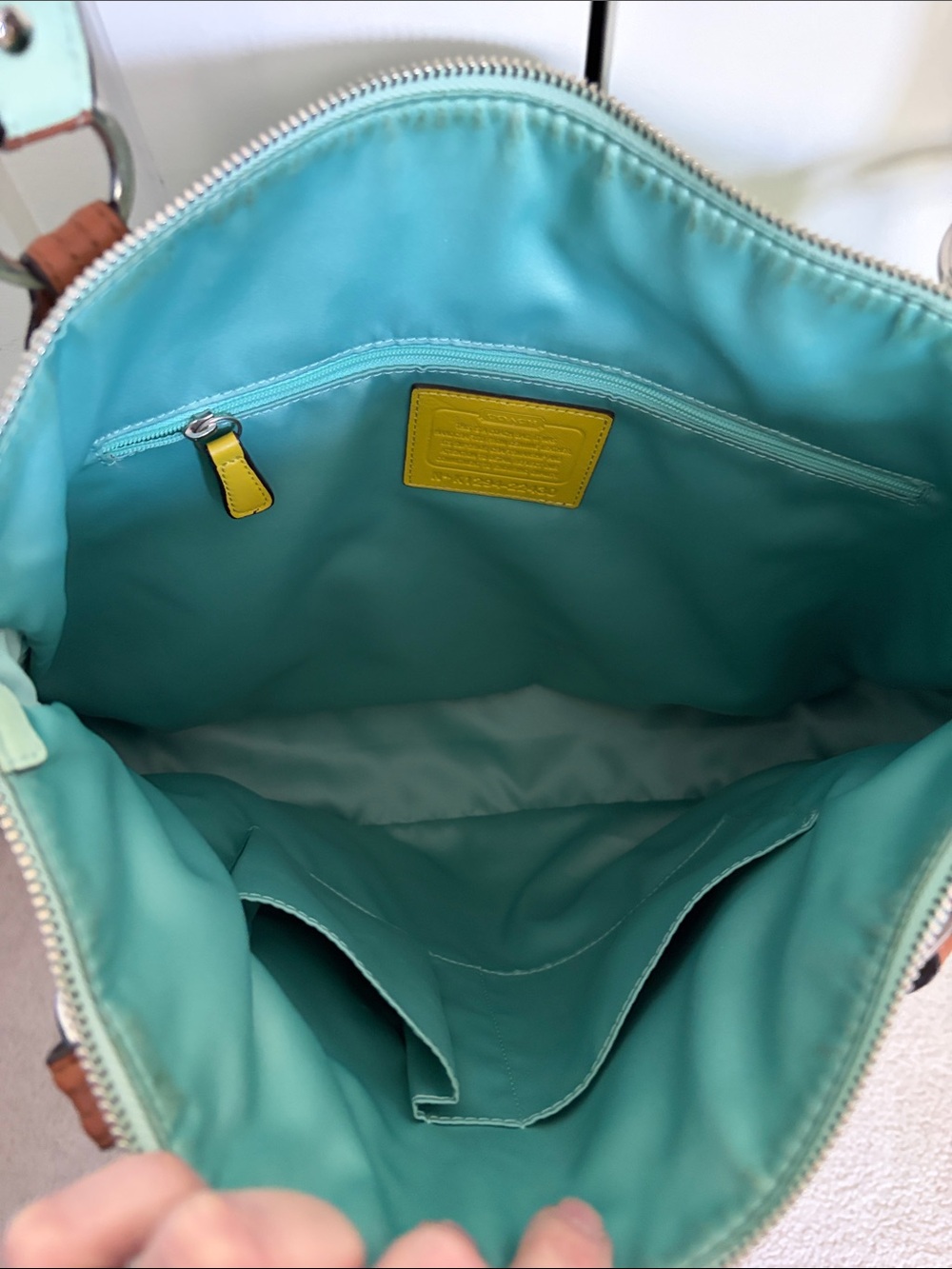 RARE Coach Hallie color block shoulder bag in aqua blue and lime green - Picture 13 of 16